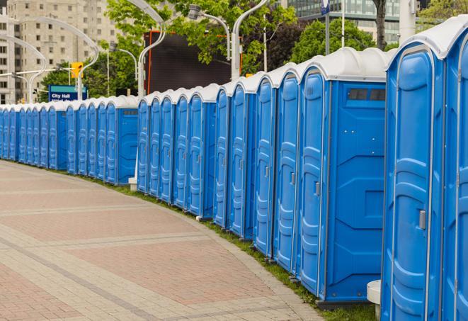 a row of portable restrooms set up for a special event, providing guests with a comfortable and sanitary option in Cabazon CA